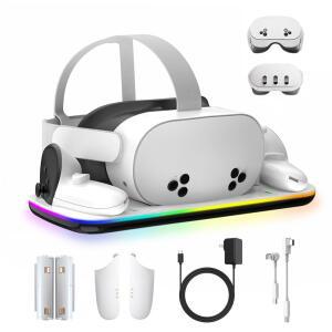 메타 오큘러스 퀘스트 3/3S, VR 헤드셋 컨트롤러 액세서리, 닫을 수 있는 RGB 표시기가 충전 스테이션, 자기 충전, 고속 충전식 배터리 2개와 호환되는 도크