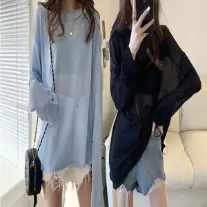 시스루 루즈핏 비치는 긴팔 얇은 여름 여자 티셔츠 티