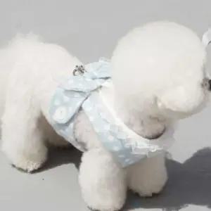 강아지 도트 하네스 블루 1P 매쉬 땡땡이 리본 프릴