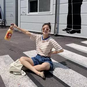 [메이블루]스트라이프 컬러 크루넥티