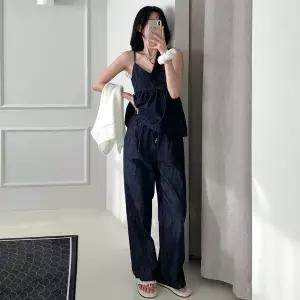 (세트 가격) 데님 셋업 생지 뷔스티에 나시 청 와이드 팬츠 청바지