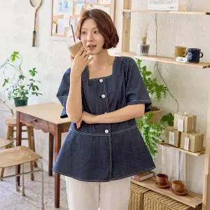 스티치 데님 스퀘어넥 반팔 블라우스 여성 빅사이즈
