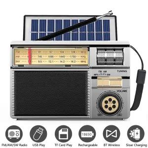 크랭크 재난 비상 등산 휴대용 라디오 빈티지 태양광 AM/FM/SW 블루투스 스피커 USB/TF MP3 플레이어 충전