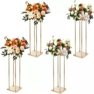 VEVOR 4PCS 골드 메탈 컬럼 웨딩 플라워 스탠드 23.6인치 높이 라미네이트 포함 꽃병 기하학적 중심 이벤트