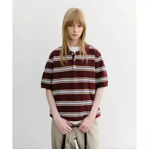 DUNST UNISEX MULTI STRIPED POLO KNIT UDSW6B122 BURGUNDY / SKY BLUE