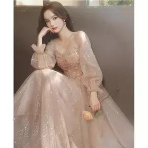 긴팔 이브닝 드레스 연회 샴페인색 약혼 원피스 셀프 웨딩드레스