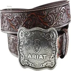 앤티크 실버 카우보이 버클이 달린 ARIAT 남성용 플로럴 엠보싱 가죽 벨트