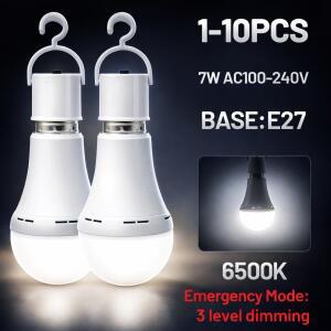 E27 충전식 LED 비상 전구 7W 1500mAh 3 모드 디밍 가능 휴대용  램프 캠핑 현관용