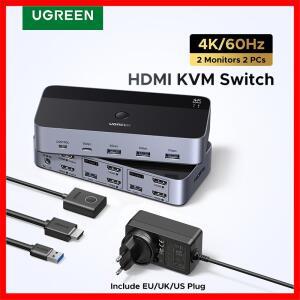 UGREEN HDMI KVM 스위치 2대 모니터 PC용 4K 60Hz USB C 3.0 키보드 마우스 프린터 공유 HDR 3D 지원 고화