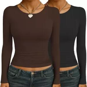 Ekouaer 여성 3팩 긴팔 셔츠 러쉬 사이드 핏 언더셔츠 라운드 넥 언더스트럽 써멀 탑 XS-XXL