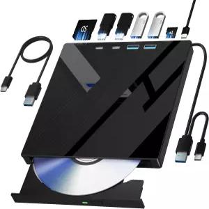 Wbacon 7 in 1 노트북용 외장 CD/DVD 드라이브 SD/TF 포트가 있는 휴대용 플레이어 USB 3.0/타입 C가 PC