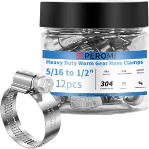12PCS 조절식 호스 클램프 304 스테인리스 스틸 웜 기어 5/16인치 1/2인치 8-12mm 롤드 에지 천공 없음