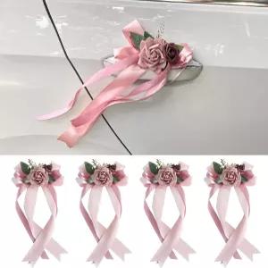 zmoso 4PCS 웨딩카 도어 핸들 장식 꽃 흰색 인조 자동차 부케 보크노트 리본 액세서리 투 플라워 핑크