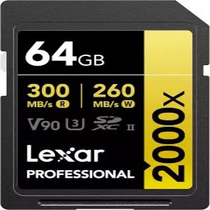 Lexar 64GB 프로페셔널 2000x SD 카드 UHS-II C10 U3 V90 풀 HD 8K 최대 300MB/s 읽기 SDXC 메모리 DSLR