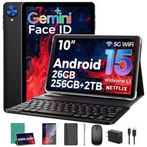 키보드가 있는 태블릿 26GB+256GB+2TB 확장 기능이 2026 ANDROID 15 8코어가 10인치 태블릿 PC 제미니 AI 5G WIFI 8000MAH BT5.0 GPS 전자 케이스 / 마우스 스타일러스(그린 케이스)