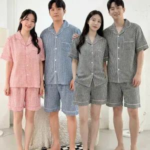 린넨카라고방세트/체크반팔잠옷/여름/수면/반팔반바지/남여공용/남성잠옷/남자/빅사이즈/남녀공용/커플/주니어/상하세트/휴가/바캉스/여행