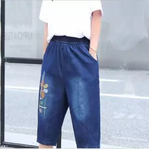 7부 청바지 여성 밴딩 자수 데님 팬츠 여름 아웃도어