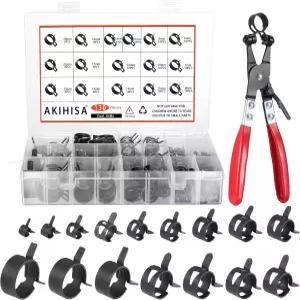 AKIHISA 130pcs 6-25mm 스프링 밴드 호스 클램프 모음 키트 플라이어 포함 16사이즈 클립 연료 라인 실리콘