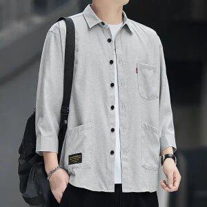 남자 여름 7부 소매 솔리드 셔츠 루즈핏 아이스 실크 반팔 셔츠