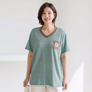 김여사, (빅사이즈)(최신상)(66-99) 포켓 단가라 브이넥 티셔츠 3TS604524