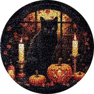 블랙 캣 할로윈 래치 후크 키트 러그 사전 인쇄 원형 DIY 크로셰 실 자수 바늘 및 카펫 쿠션 홈 크리스마스 장식 50x50cm(3)