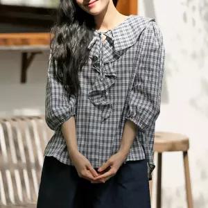 체크 프릴 카라 7부 퍼프 블라우스 여성 빅사이즈