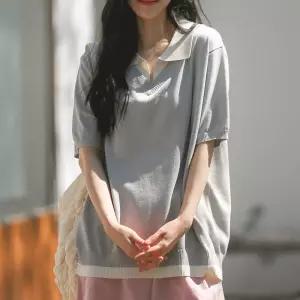 배색 오픈 카라 반팔 니트 티셔츠 여성 빅사이즈