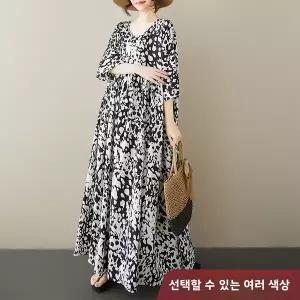롱 원피스 여름 빅사이즈 캐주얼 휴가용 큰 사이즈 여성 라운드넥 민 플레어 밑단 레오파드 프린트 폴리에