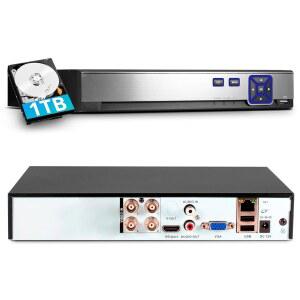 TOODE 4CH 카메라 시스템 5MP 4채널 하이브리드 IN DVR 비디오 레코더 1TB 하드 드라이브 감시 사람 감지 원격 액세스 24시간 녹화 기능 포함