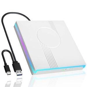 노트북용 WBACON RGB 외장 CD DVD 드라이브 USB TYPE 휴대용 플레이어 버너 RW 광학 노트북 데스크탑 PC WINDOWS MAC용 슬림 ROM 화이트