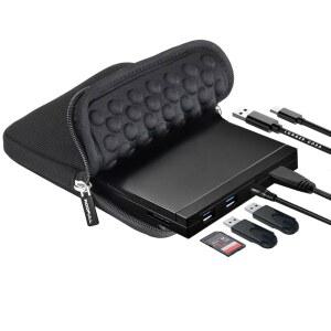 SD 카드 리더 USB 포트 허브 휴대용 케이스가 포함된 ROOPUL 외장 CD DVD 드라이브 노트북 MAC PC WINDOWS 11 10 데스크톱 컴퓨터용 ROM RW 디스크 플레이어 버너 라이터
