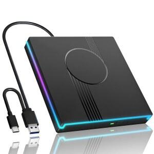 노트북용 WBACON RGB 외장 CD DVD 드라이브 CD 드라이브 USB TYPE 휴대용 DVD 플레이어 버너 RW 광학 노트북 데스크탑 PC WINDOWS MAC용 슬림 ROM 드라이브 블랙