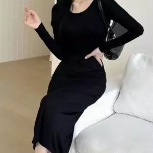 슬리핏 롱원피스 라운드 면 스판 원피스