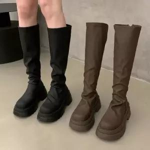 여성 뒷지퍼 롱부츠 통굽 둥근코 핏예쁜 슈즈 삭스 여자부츠 여자롱부츠 여자레더부츠