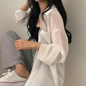 시스루 박시 여성 커버업 남방 루즈핏 화이트 카라 셔츠