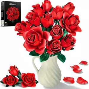 라쏘 꽃다발 빌딩 세트 634개의 PCS 붉은 장미 꽃 인공 식물 컬렉션 블록 성인 여성 선물용 홈 데코 키트