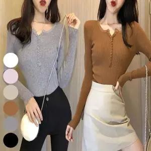[하프클럽/셀러허브_여성트랜드패션]긴팔 골지니트 U넥 슬림핏단추 긴팔 티