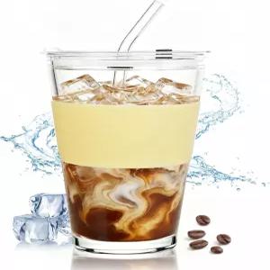 뚜껑과 빨대가 포함된 Birity 16oz 유리컵 유리 텀블러 및 재사용 가능한 스 커피 컵 차 주스 스무디 집