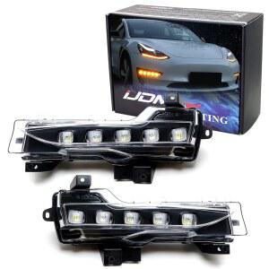 iJDMTOY 5도트 스타일 OEM 포그 교체 스위치백 / 순차 LED 턴 시그널 & DRL 라이트 키트 - 2017-23 Model 3 및 2020+ Y(화이트 DRL, 앰버 블링커)와 호환됩니다