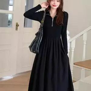 플리츠 여자 투피스 A라인 블랙 반집업 원피스 롱