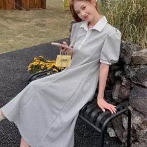 이쁘다요 반팔 결혼식 스커트 소개팅 배색 라인 롱 카라 원피스