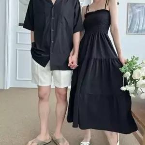 원피스 스냅 민소매 여름 반팔 블랙 남녀 셔츠 커플룩