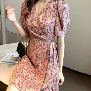 이쁘다요 여성 브이 플레어 미니 쉬폰 랩원피스 스커트 잔꽃 꽃무늬
