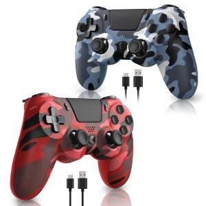 PS4용 호소웨 2팩 무선 컨트롤러, PS4 /Pro /Slim /PC와 호환되는 게임 듀얼 진동, 6축 자이로 센서, 터치 패널, 내장 스피커 및 헤드폰 잭, 카무플라주 레드 & 블루