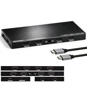 루프 아웃이 있는 ORIVISION 4채널 HDMI 캡처 카드 - 4K60 비디오 카드, UVC 플러그 앤 플레이 USB 3.2 타입-C, 10Gbps, 프로 오디오 입력, 100W PD, 스트리밍 / 게임 프로덕션 PS5 스위치 Xbox용