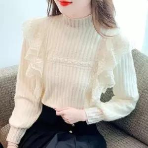 하이넥블라우스 데일리룩 데이트룩 프릴 레이스 플러스 벨벳 블라우스