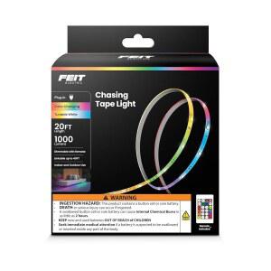 Feit Electric 20피트 체이스 슬림 실내/외 화이트 및 연결 사이즈 스트립 컷 라이트 투 TAPE240 최대 CHASE 튜닝 / 0.4인치 플러그인 LED 너비 리모컨 색상 40피트까지 RGB 테이프 디밍