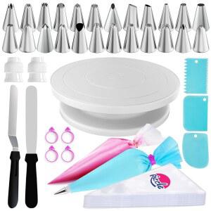 RICCLE 케이크 턴테이블 포함 88피스 장식 - 스크레이퍼 팁 및 2개, 50개 아이싱 용품 백 3개, 24개, 키트 베이킹 + 일회용 재사용 파이핑 빗 가능한 세트, 2개 주걱