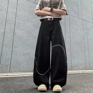 청 팬츠 남성용 캐주얼 빈티지 와이드 슬리퍼 앵클 배기핏 자수 유행1