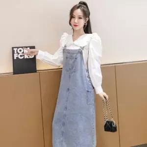 여자 치마 원피스 데님 청치마 봄여름 루즈핏 가리고 멜빵 배 9부 MF2